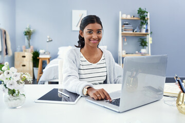 Girl, laptop and student portrait in home, study and learning workspace in bedroom for online elearning. Project, technology for internet search or social media, typing and happy person or browse