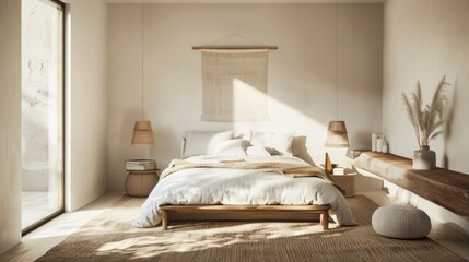 A minimalist bedroom with a Scandinavian-inspired design, characterized by clean lines, natural materials, and a muted color palette.