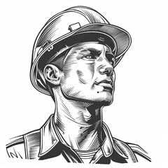 Portrait of a male worker wearing a helmet: miner, construction worker, engineer. The black and white drawing conveys a sense of professionalism and safety. Design for cover, brochure or advertising.