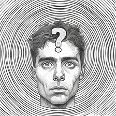 A man's face and a question mark on his background. A search for answers. A time to think. Black and white image in pencil drawing style. Illustration for poster, cover, brochure or presentation.
