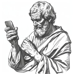 An ancient elder with a smartphone in his hand. An elderly man looking at something on the screen of a cell phone. Imitation of a sketch print. Illustration for cover, card, poster, brochure, etc.