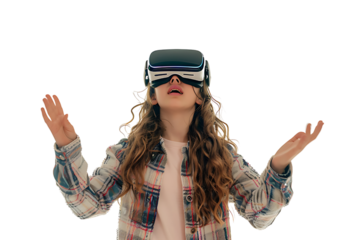 Young girl exploring vast opportunities of virtual reality with VR headset on isolated transparent background