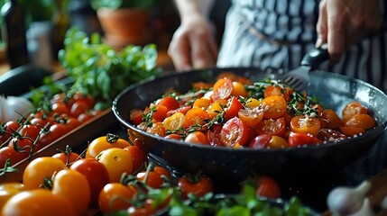 A Frying Pan Filled with Tomatoes Preparing Vegetable Stir Fry - Healthy Cooking, Fresh Produce, and Vibrant Flavors