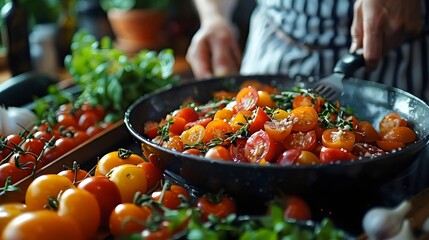Fototapeta premium A Frying Pan Filled with Tomatoes Preparing Vegetable Stir Fry - Healthy Cooking, Fresh Produce, and Vibrant Flavors