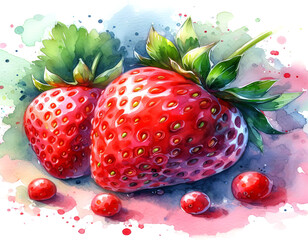 strawberry watercolor painting with soft pastel colors seamless look with organic 
splatters and dewdrops with highlights
