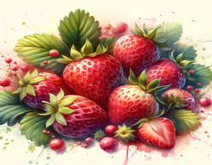 strawberry watercolor painting with soft pastel colors seamless look with organic 
splatters and dewdrops with highlights