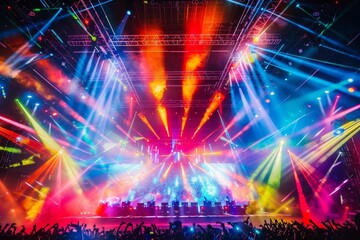 Fototapeta premium Captivating Panoramic View of a Vibrant and Colorful K-Pop Concert Stage Ablaze with Mesmerizing Lights and Effects