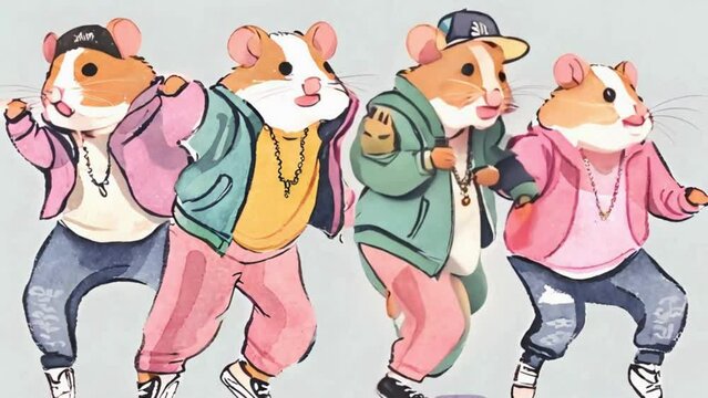 hip-hop hamsters are busting a move in urban-inspired streetwear, showcasing their impressive dance skills
