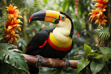 Obraz premium Toucan sitting on a branch in a tropical rainforest.