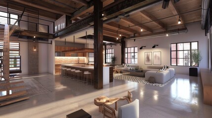 Fototapeta premium A minimalist loft space in a modern home, with an open floor plan, exposed beams, and industrial-chic decor elements.