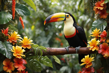 Obraz premium A toucan with a colorful beak sits on a branch with flowers.
