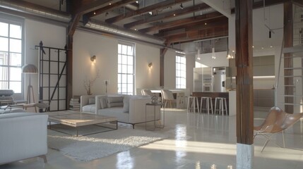A minimalist loft space in a modern home, with an open floor plan, exposed beams, and industrial-chic decor elements.