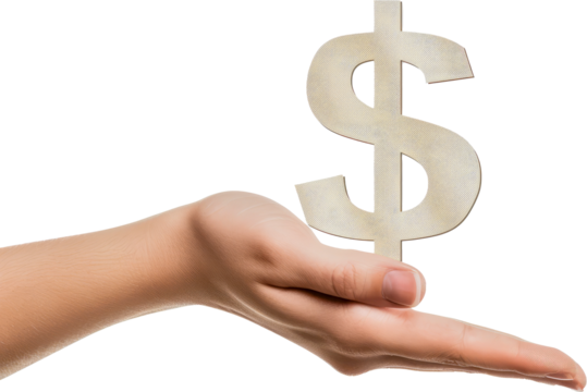 Hand holding a dollar symbol cut out on transparent background