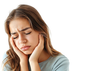 Fototapeta premium young male holding her cheek with hand, suffering from bad tooth ache on isolated transparent background