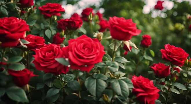 Red roses bloom in the garden