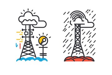 Detailed line drawing of a weather station and radio tower. Suitable for scientific or technology themes