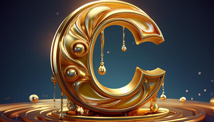 letter C in golden drip effect, shiny metallic, logo, hyper realistic, ultra detailed, high resolution, 3d rendering