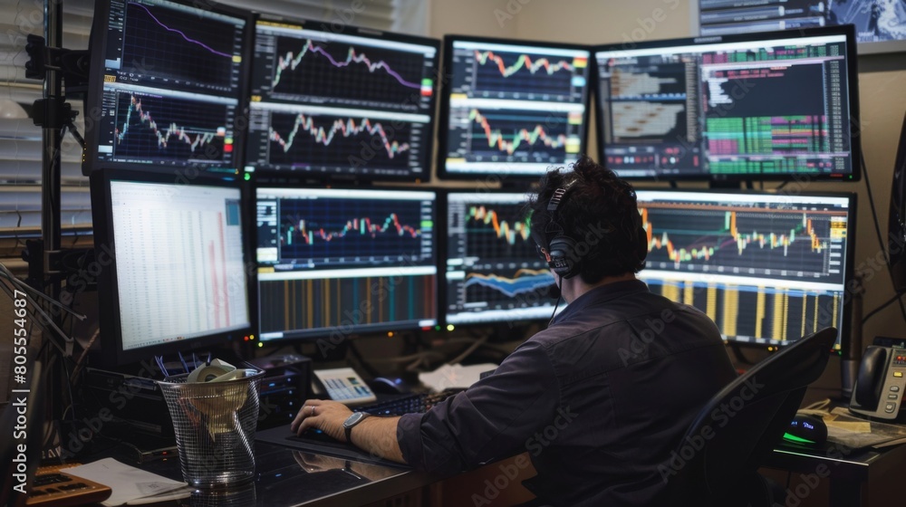 Poster a professional trader monitoring gold price movements on multiple screens, leveraging technical anal