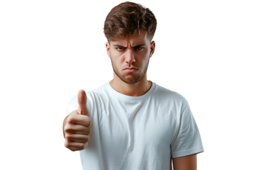 Unhappy man doing thumbs up on isolated transparent background