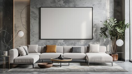 Mockup poster frame on the wall of living room. Luxurious apartment background with contemporary design.