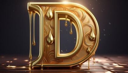 letter D in golden drip effect, shiny metallic, logo, hyper realistic, ultra detailed, high resolution, 3d rendering