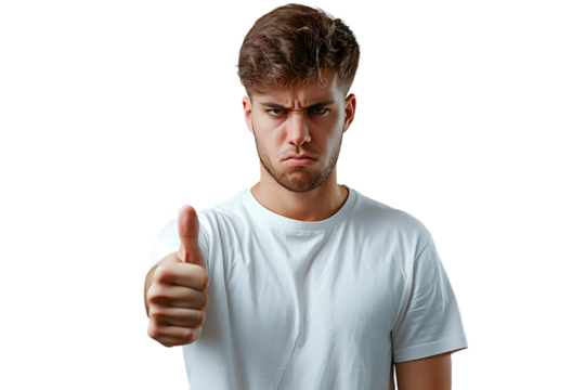 Unhappy man doing thumbs up on isolated transparent background