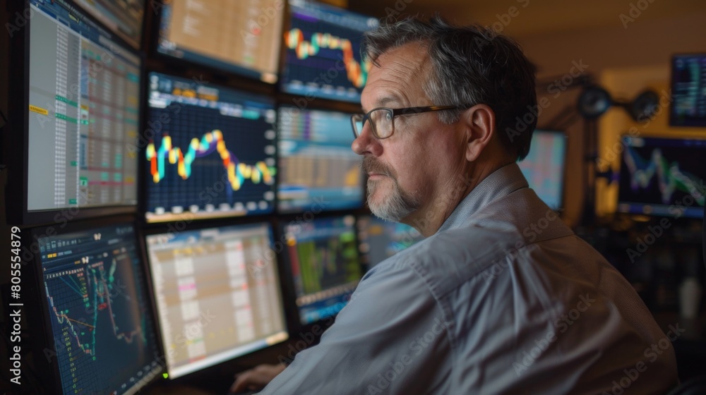 Poster a professional trader monitoring gold price movements on multiple screens, leveraging technical anal