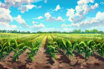 Peaceful painting of a corn field with a clear blue sky. Suitable for agricultural or nature themes