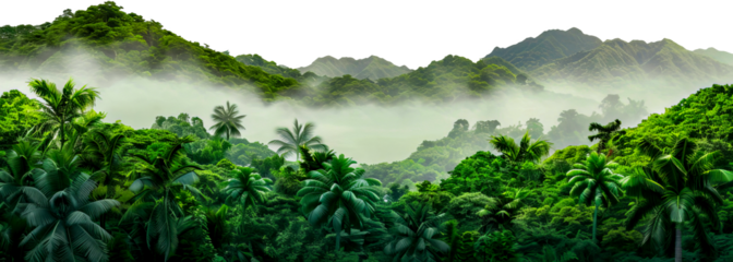 Misty rainforest with lush green vegetation and towering mountains cut out on transparent background