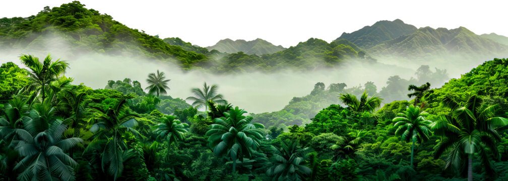 Misty rainforest with lush green vegetation and towering mountains cut out on transparent background
