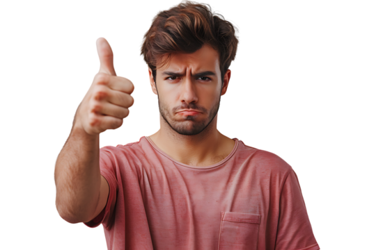 Unhappy man doing thumbs up on isolated transparent background