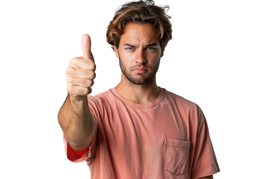 Unhappy man doing thumbs up on isolated transparent background