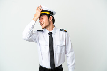 Airplane Russian pilot isolated on white background has realized something and intending the solution