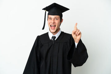 Young university Russian graduate isolated on white background showing and lifting a finger in sign of the best