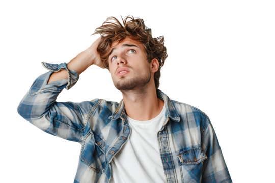 Young doubtful man thinking, scratching head and trying to find solution on isolated transparent background
