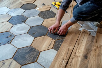 A man busy working on a wooden floor, suitable for construction or DIY projects