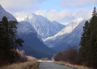 Empty asphalt road to winter wilderness