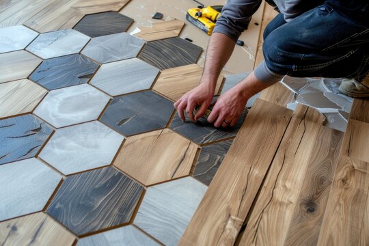 A man busy working on a wooden floor, suitable for construction or DIY projects
