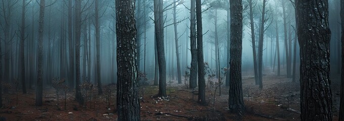 Forest in fog with mist. Fairy spooky looking woods in a misty day. Cold foggy morning in horror forest. AI generated illustration