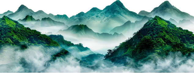 Majestic green mountain peaks rising above the fog landscape cut out on transparent background
