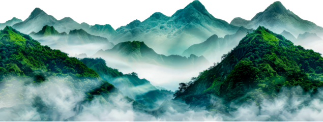 Majestic green mountain peaks rising above the fog landscape cut out on transparent background