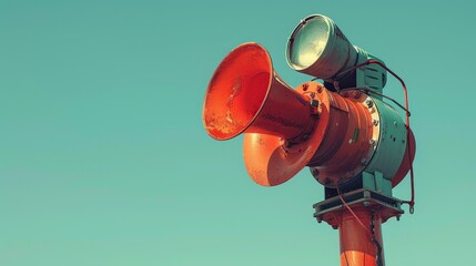 a tsunami siren with vibrant red horns