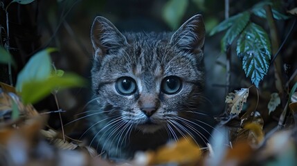 A Cat Wandering Through the Bushes - Curious Feline Explorer, Natural Camouflage, and Stealthy...