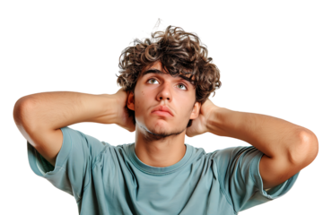 Young doubtful man thinking, scratching head and trying to find solution on isolated transparent background