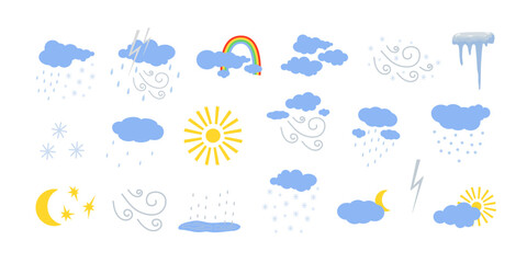 Fototapeta premium Weather elements set sun, wind, rain, fog, clouds cute hand drawn doodle minimalist vector illustration, simple symbol to describe weather, environment, climate cartoon object, weather forecast image