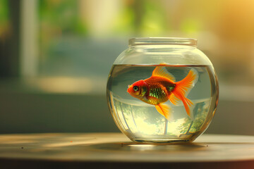 A side view photo of a goldfish in a sleek, round glass jar, placed on a light wooden surface