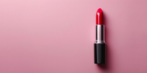 Fototapeta premium a red lipstick against pink background with copy space