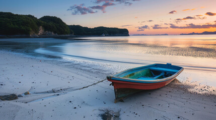 A small fishing boat, brightly colored, left alone on the sandy beach of a secluded Japanese island at sunrise