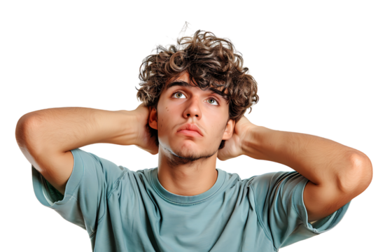 Young doubtful man thinking, scratching head and trying to find solution on isolated transparent background