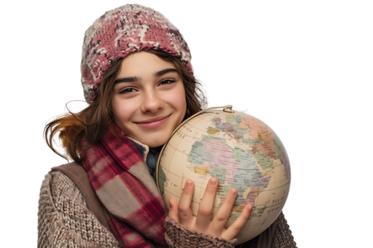 Young female dreaming & holding globe with one hand on isolated transparent background